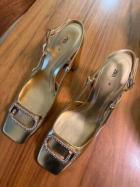 Zara Metallic Gold Crystal-Buckle Slingback Heels